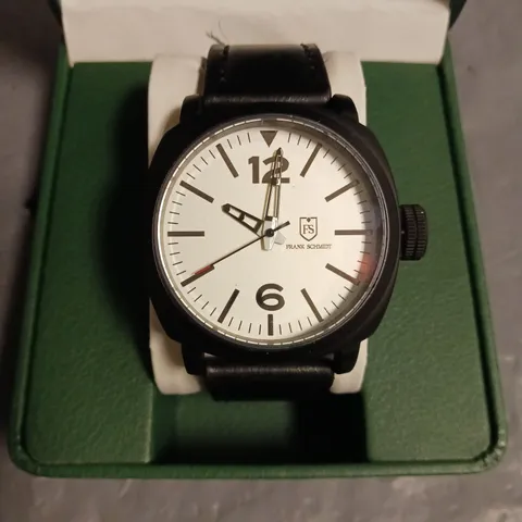 FRANK SCHMIDT WHITE DIAL GENTS WATCH WITH BLACK CASE AND LEATHER STRAP IN PRESENTATION BOX