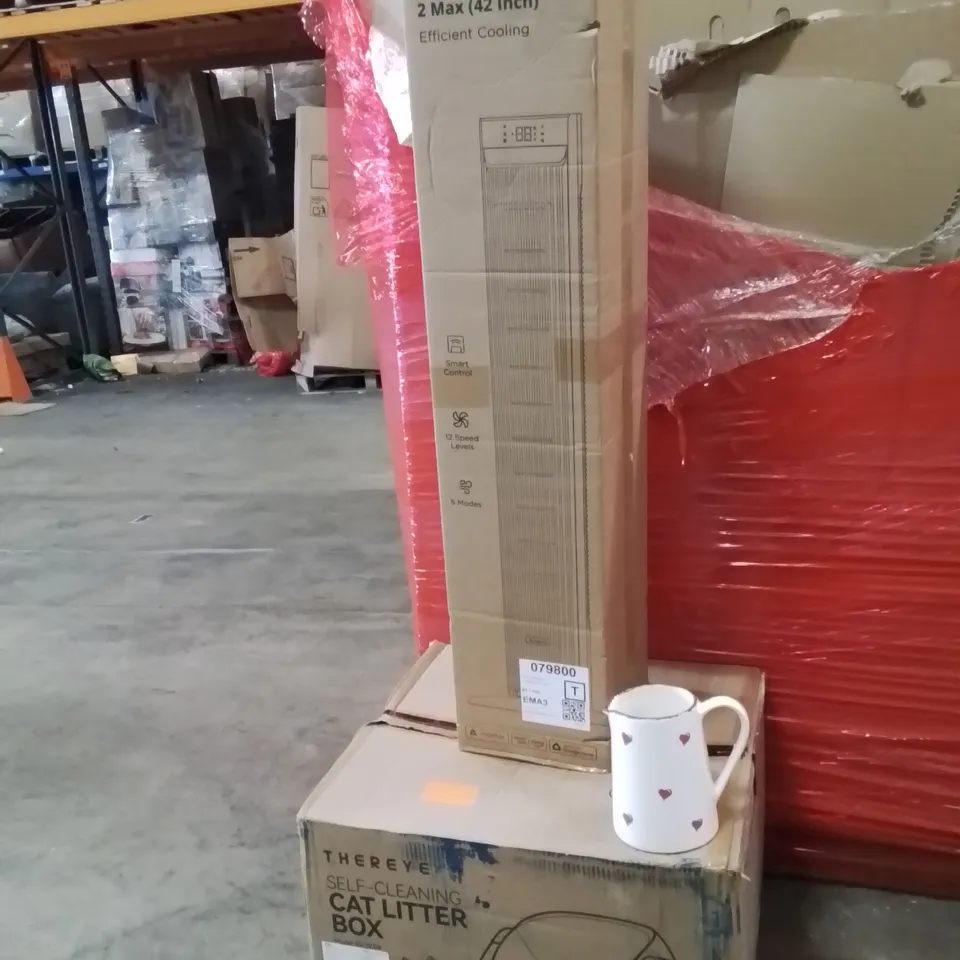 PALLET OF ASSORTED HOUSEHOLD GOODS AND PRODUCTS TO INCLUDE;SELF CLEANING CAT LITTER BOX,JUICE JUG,SMART TOWER FAN