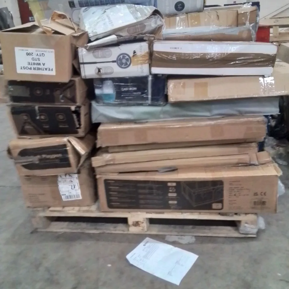PALLET OF ASSORTED HOUSEHOLD GOODS AND PRODUCTS TO INCLUDE;COOLER BOX,CAMPING WAGON,ADJUSTABLE DUMBELL PAIR,CAMPING CHAIR,FAN