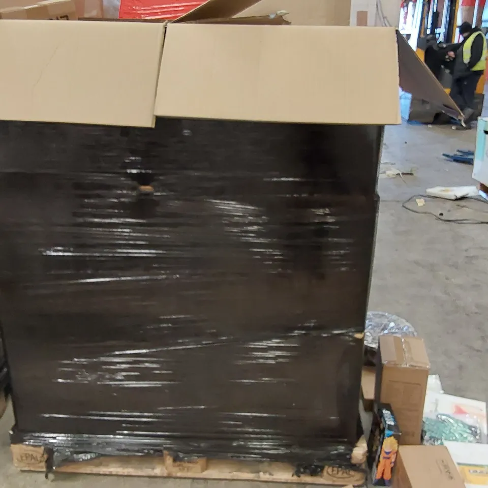 PALLET OF  ASSORTED ITEMS INCLUDING: FLEECE BLANKET, ACTION FIGURES, FAN HEATER, STOOL, UNDERWEAR, PHONE AND SMART WATCH CASE, SCREWDRIVER SET, GARDENING GLOVES PHONE CAR MOUNT
