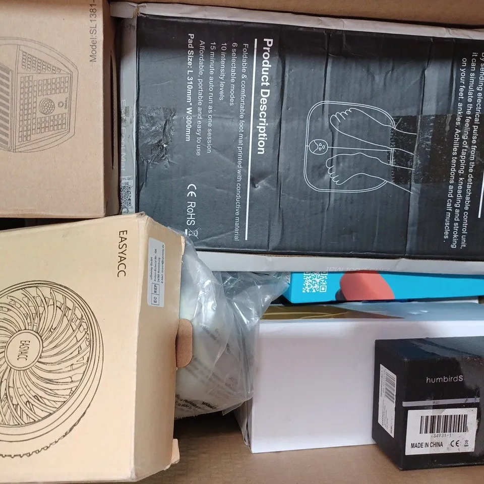 BOX OF APPROXIMATELY 10 ASSORTED HOUSEHOLD ITEMS TO INCLUDE NO-DRILL MOUNT, LKELEC FAN, EONO SCREEN PROTECTORS, ETC
