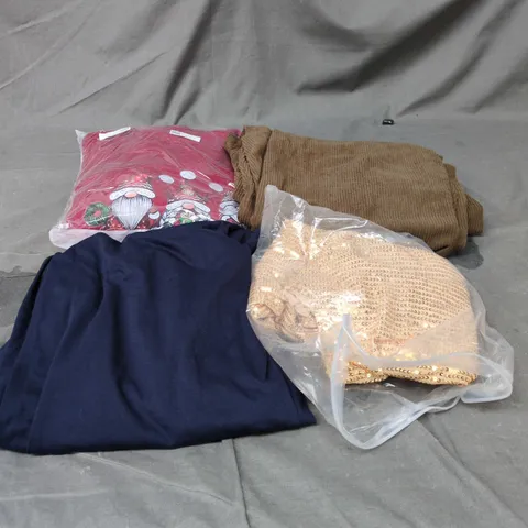 BOX OF APPROXIMATELY 15 ASSORTED CLOTHING ITEMS TO INCLUDE XMAS JUMPER, BROWN CORDUROY TROUSERS, LADIES SEQUIN TOP, BLUE CASUAL TROUSERS ETC