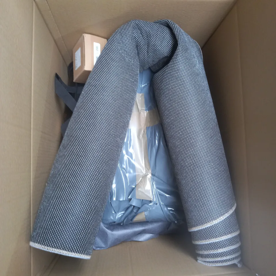 LARGE BOX OF ASSORTED ITEMS TO RUG AND PICTURE FRAME