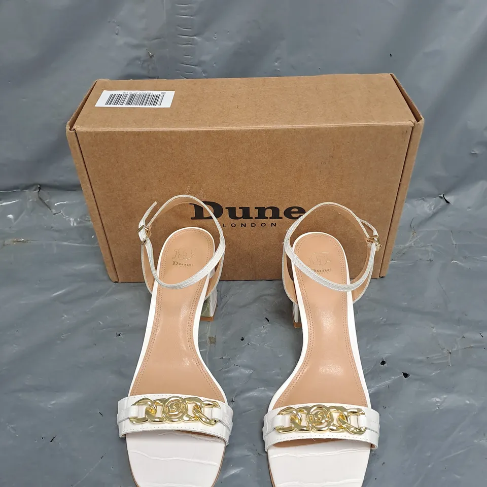 BOXED PAIR OF DUNE LONDON MINIMAL LEATHER SANDAL WHITE CROC UK 6 