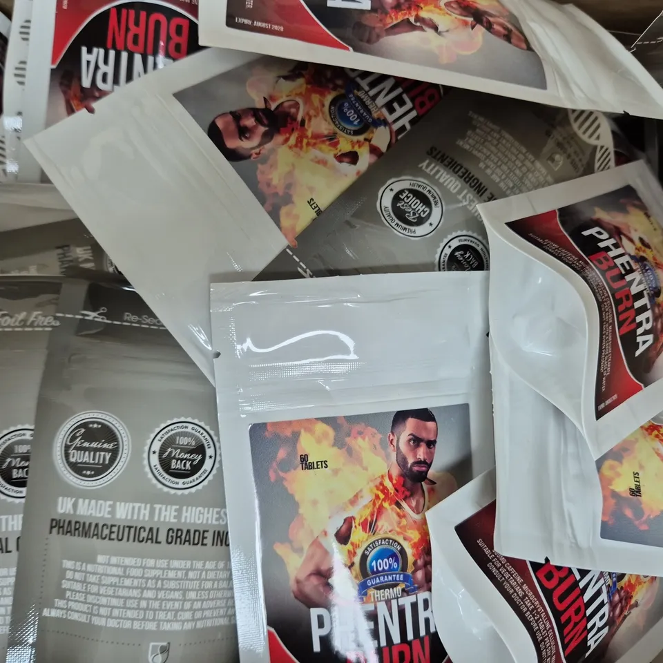 BOX OF APPROXIMATELY 85 PACKS OF CUTS-N-GAINS TABLETS - PHENTRA BURN (60 TABLETS PER PACK)