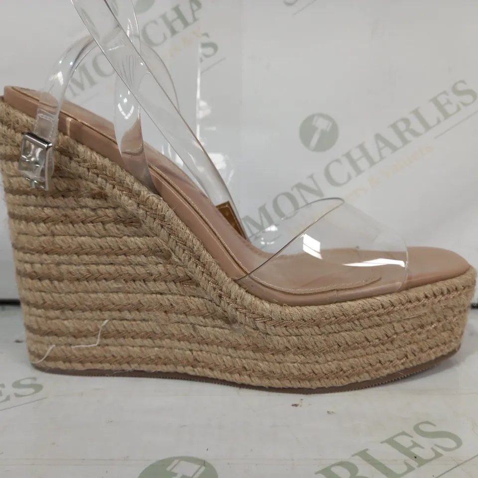 BOXED PAIR OF ASOS DESIGN OPEN TOE CLEAR STRAP WEDGE HEEL SANDALS IN NATURAL COLOUR UK SIZE 4