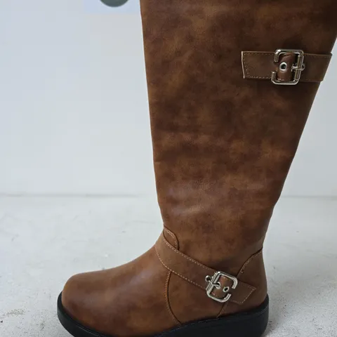 SPOT ON BUCKLE DETAIL CALF BOOTS, TAN - SIZE 5