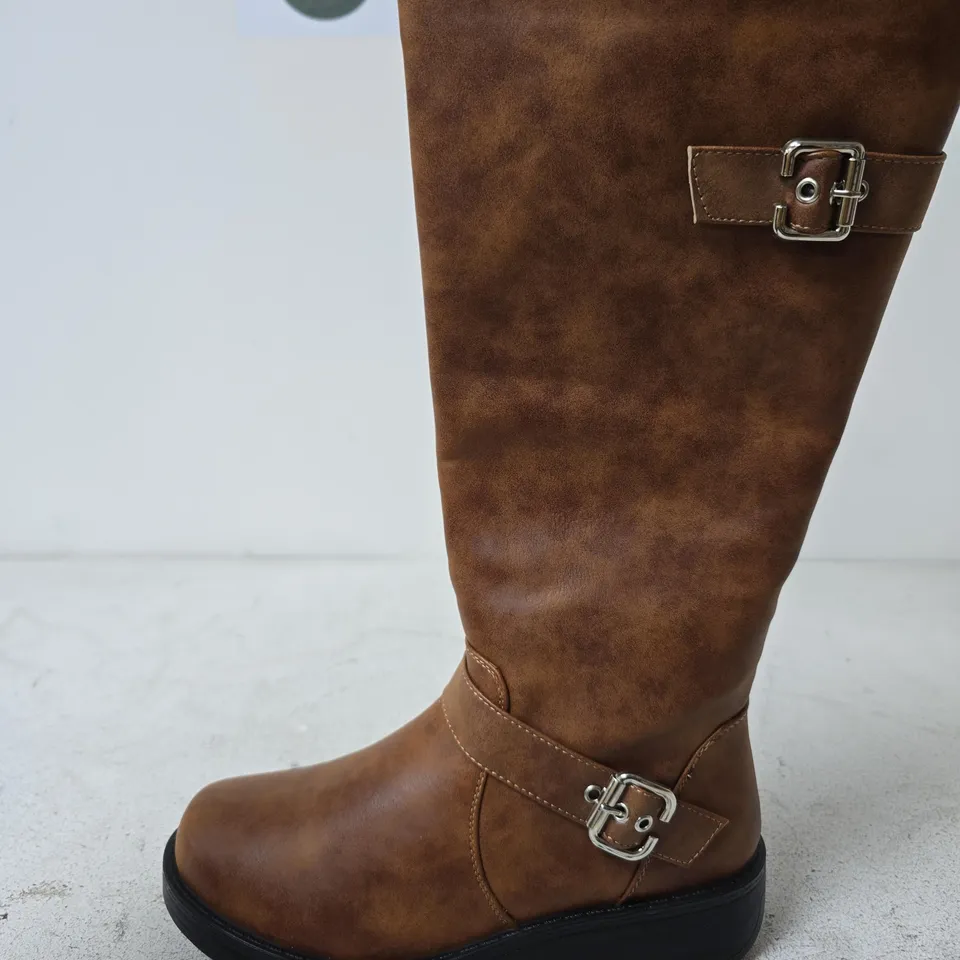 SPOT ON BUCKLE DETAIL CALF BOOTS, TAN - SIZE 5