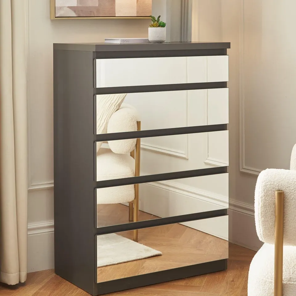 BOXED PRAGUE MIRROR 5 DRAWER CHEST - DARK GREY (2 BOXES) RRP £209