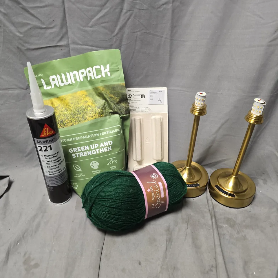 APPROXIMATELY 12 ASSORTED HOUSEHOLD ITEMS TO INCLUDE CORDLESS TABLE LAMPS, AUTUMN PREPERATION FERTILISER, HACKAS, ETC