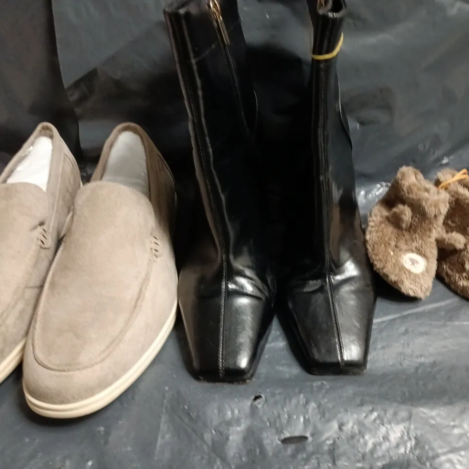 BOX OF APPROXIMATELY 15 ASSORTED PAIRS OF SHOES AND FOOTWEAR ITEMS IN VARIOUS COLOURS, STYLES, AND SIZES - COLLECTION ONLY