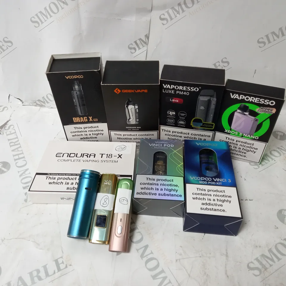 BOX OF APPROXIMATELY 10 ASSORTED E-CIG PRODUCTS TO INCLUDE GEEKVAPE, INNOKIN, VAPORESSO