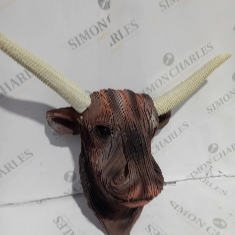 BOXED FAUX POT BULLS HEAD WITH DETACHABLE HORNS