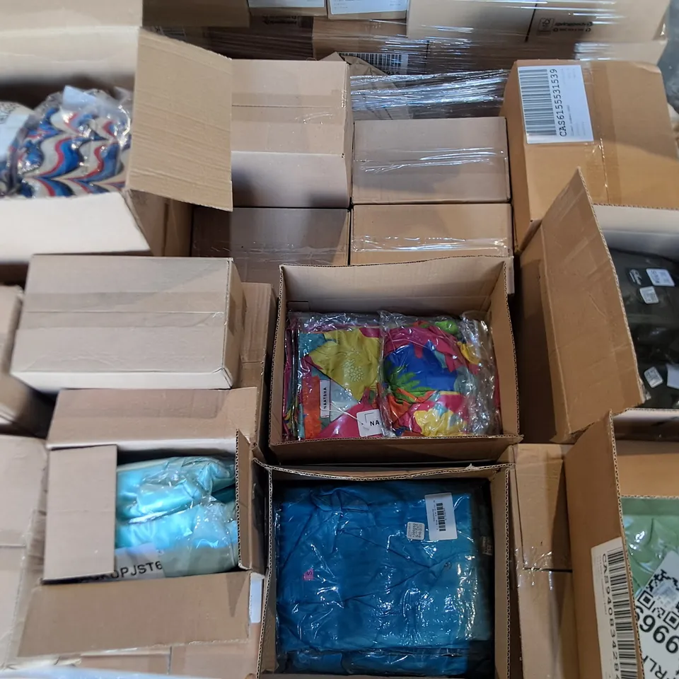 PALLET CONTAINING A LARGE QUANTITY OF ASSORTED BAGGED CLOTHING ITEMS IN VARIOUS SIZES