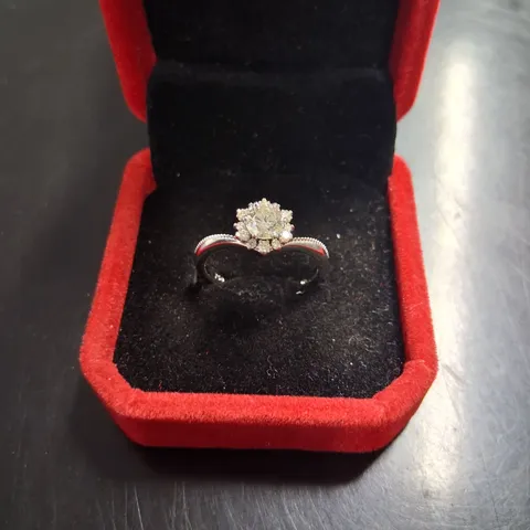 18CT WHITE GOLD HALO SOLITAIRE RING SET WITH NATURAL DIAMONDS