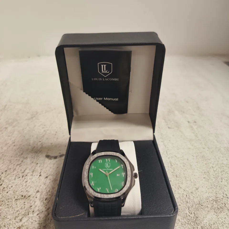 LOUIS LACOMBE WRISTWATCH – GREEN DIAL, BLACK STRAP, BOXED 