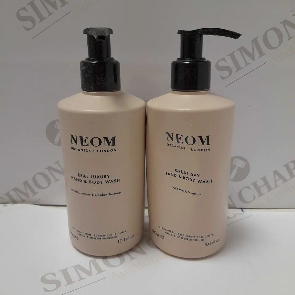 LOT OF 2 X 300ML ASSORTED NEOM HAND&BODY WASH TO INCLUDE LAVENDER, JASMINE, BRAZILIAN ROSEWOOD & WILD MINT, MANDERIN 