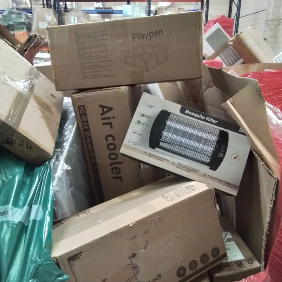 PALLET CONTAINING VARIOUS ITEMS TO INCLUDE MOSQUITO ZAPPER, PLAYPEN, AIR COOLER ETC.