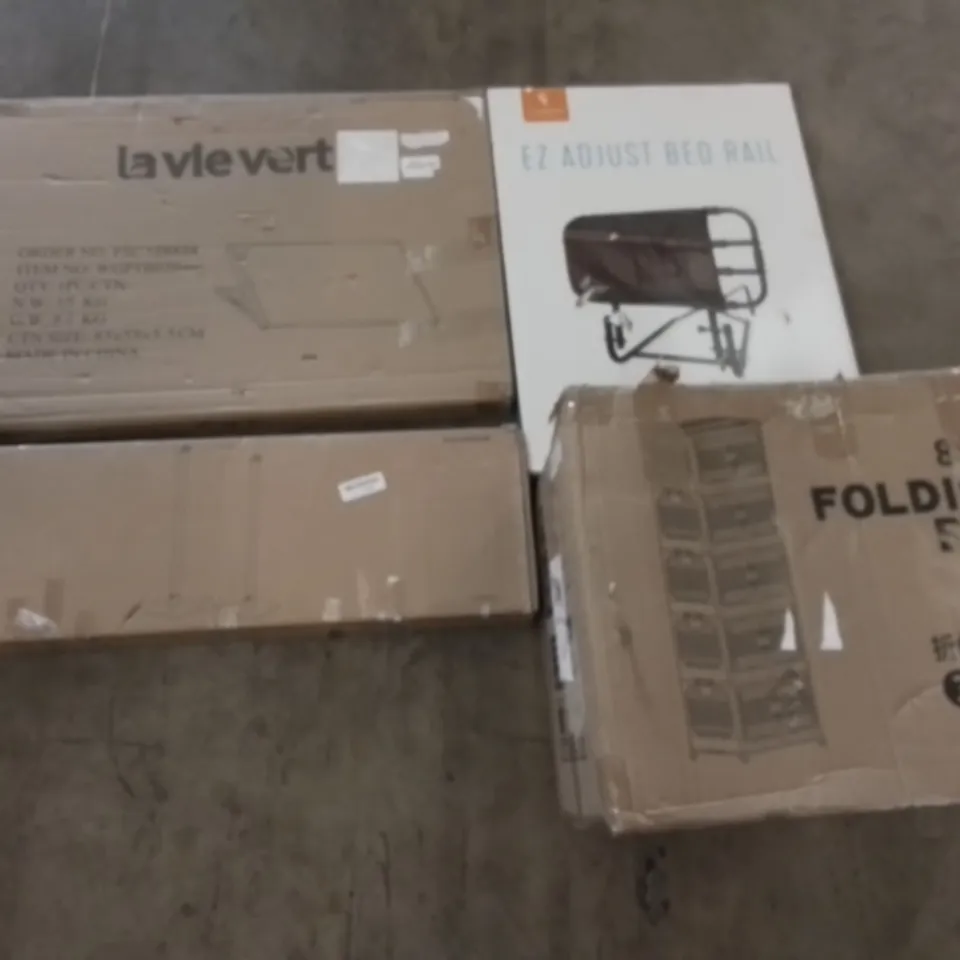 PALLET OF UNPROCESSED ITEMS TO INCLUDE FOLDING BOXES, ADJUST BED RAIL, AND LAVIEVERT WHITEBOARD