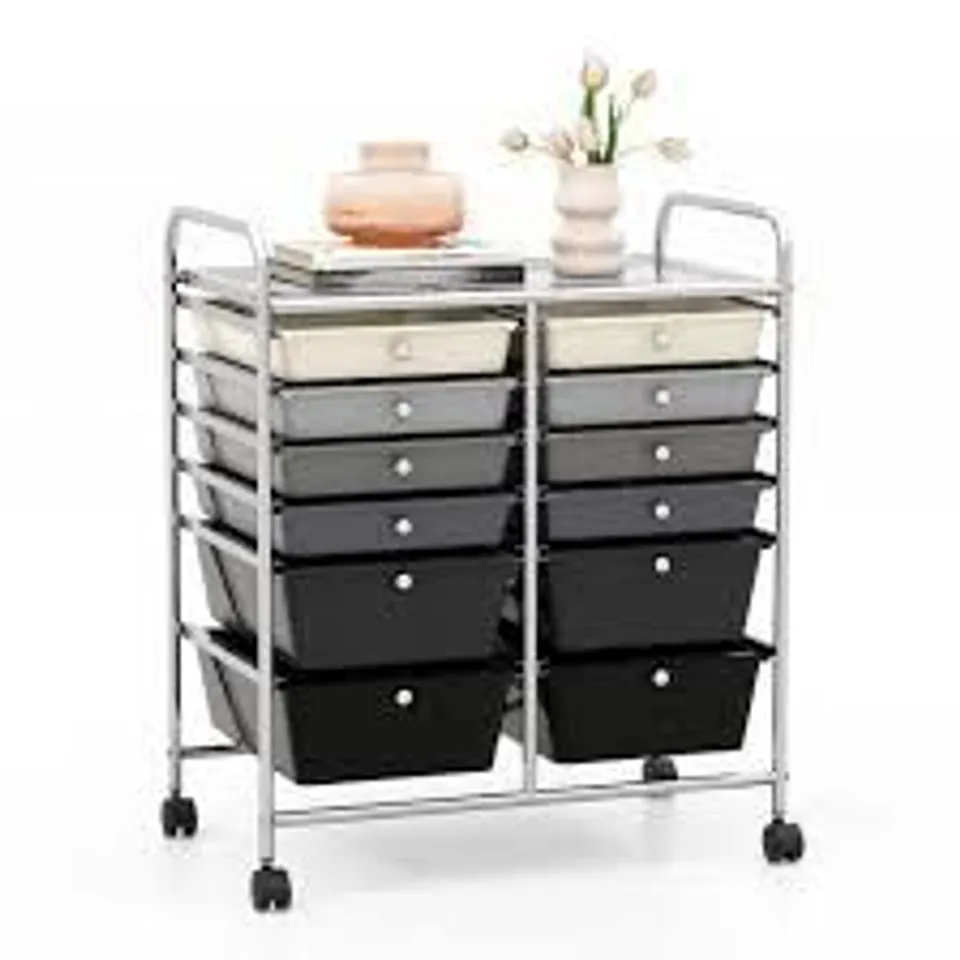 BOXED COSTWAY PLASTIC 12 DRAWERS ROLLING CART MUTLICOLOR STUDIO ORGANIZER BINS - GREY/BEIGE (1 BOX)