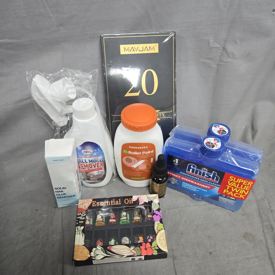 APPROXIMATELY 12 ASSORTED HOUSEHOLD ITEMS TO INCLUDE ESSNTIAL OILS, ROLLER PAINT, FINISH DISHWASHER CLEANER, ETC