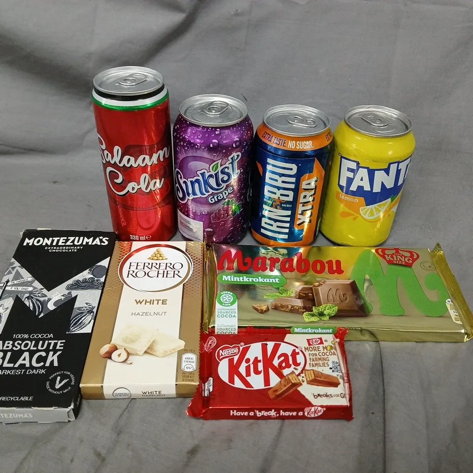 APPROXIMATELY 10 ASSORTED FOOD ITEMS TO INCLUDE KITKATS, ASSORTED FIZZY POP AND FERRERO ROCHER