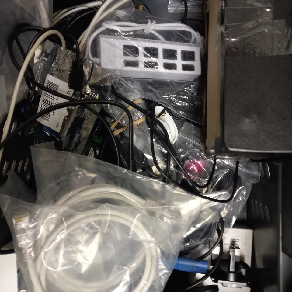 BOX OF APPROXIMATELY 20 ASSORTED ELECTRICAL PRODUCTS TO INCLUDE VIRGIN MEDIA REMOTE CONTROL, ADSL FILTER, INTEL I5-6500 PROCESSOR ETC 