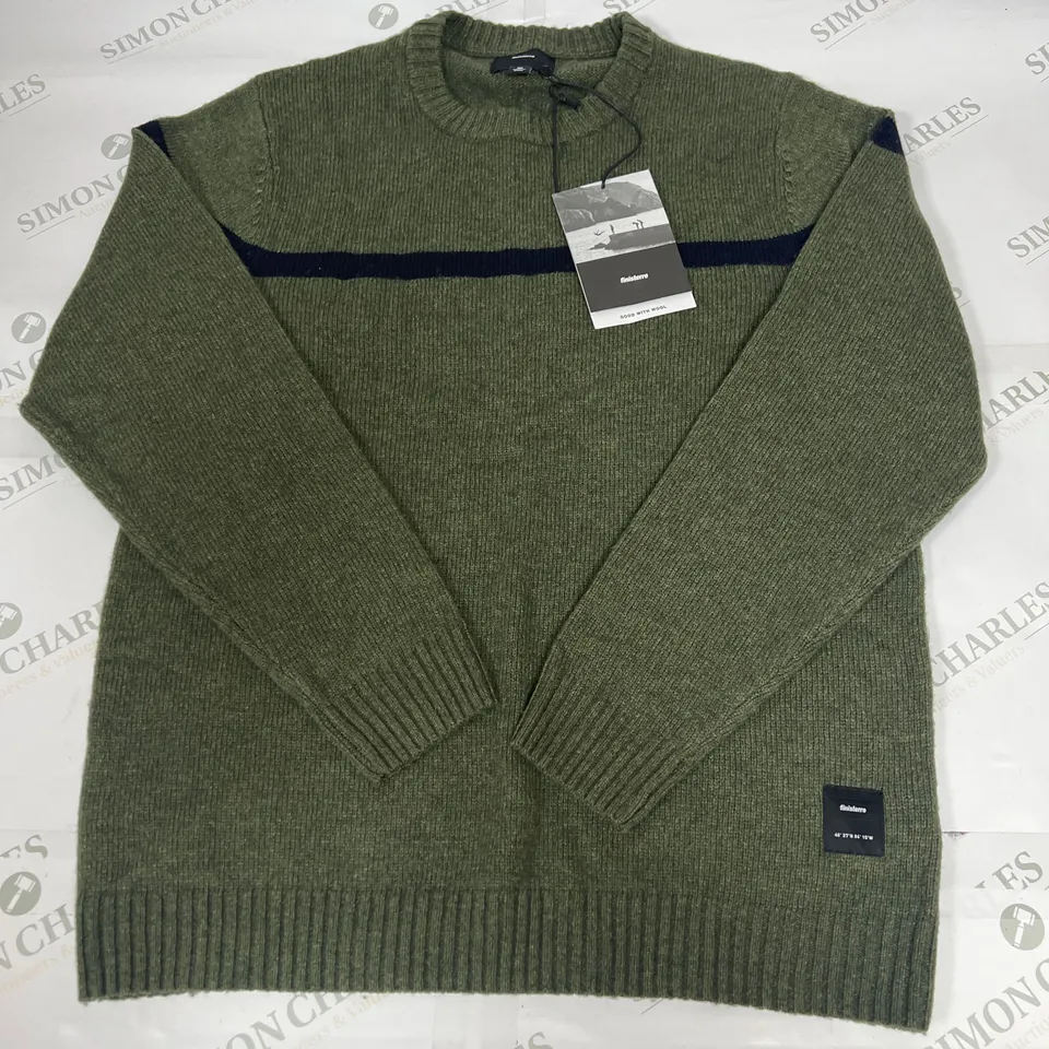FINISTERRE COLUMBA STRIPE CREW NECK SWEATSHIRT IN OLIVE SIZE M