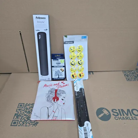 APPROXIMATELY 12 ASSORTED HOUSEHOLD PRODUCTS TO INCLUDE EMOJI MAGNETS, DRAWER SLIDES AND FELLOWES KEYBOARD WRIST REST