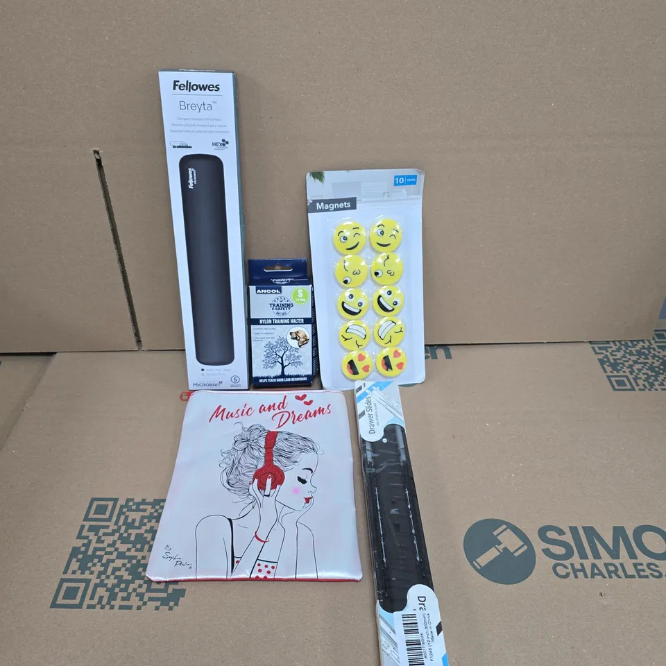 APPROXIMATELY 12 ASSORTED HOUSEHOLD PRODUCTS TO INCLUDE EMOJI MAGNETS, DRAWER SLIDES AND FELLOWES KEYBOARD WRIST REST