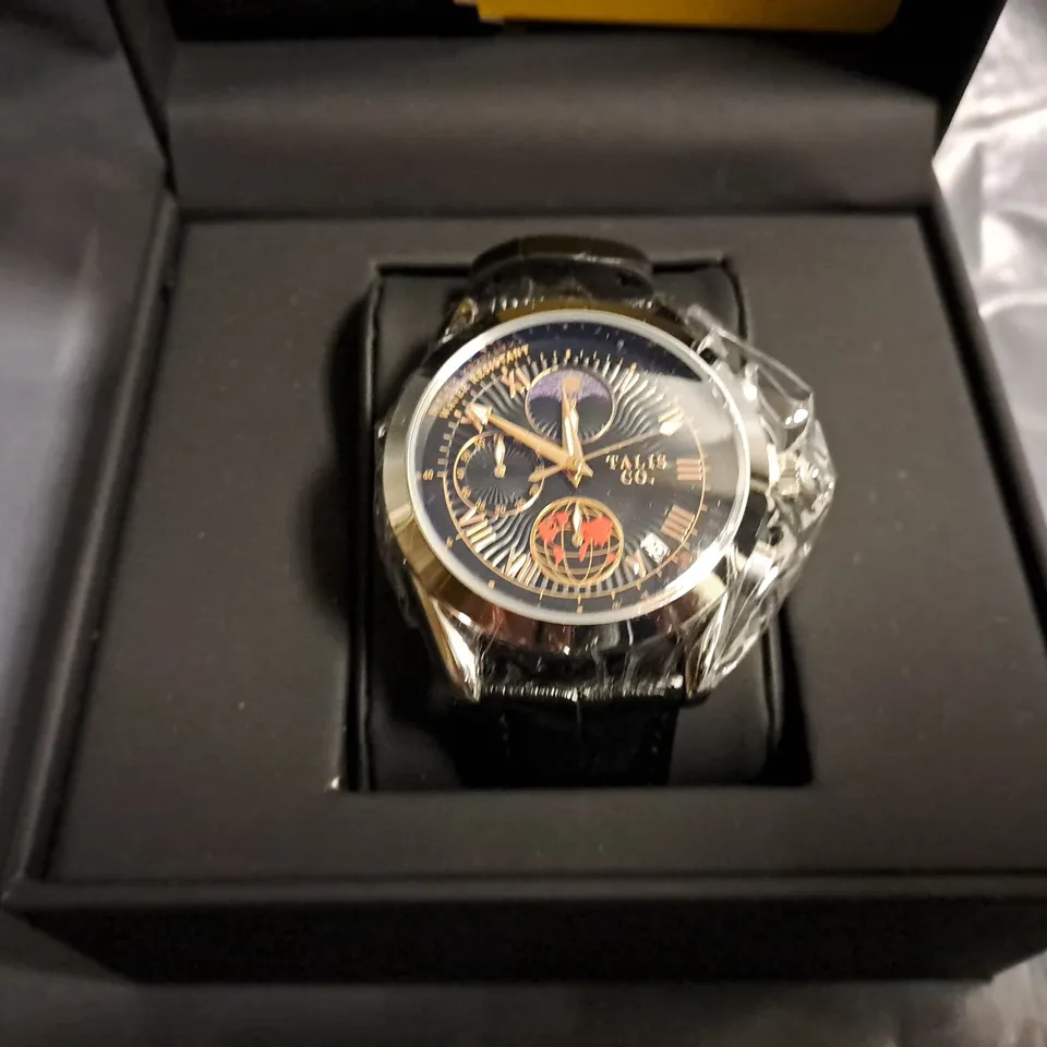 BOXED TALIS CO CHRONOGRAPH BLACK WATCH WITH LEATHER STRAP