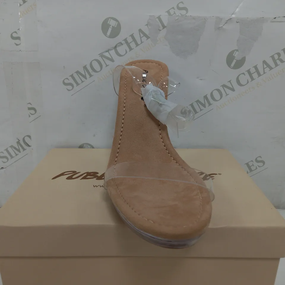 BOXED PAIR OF PUBLIC DESIRE HIGH HEEL CLEAR NUDE OPEN TOE SHOES - UK 8
