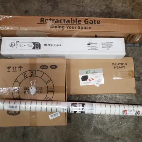 PALLET CONTAINING ASSORTED PRODUCTS TO INCLUDE DECORATIVE WALL CLOCK, CAST IRON GRIDDLE PAN, RETRACTABLE SAFETY GATE, FROSTED WINDOW FILM, TELESCOPIC ROD