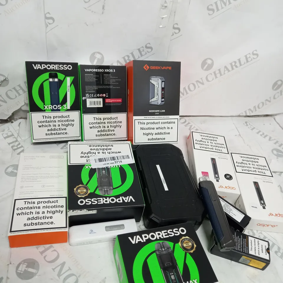 BOX OF APPROXIMATELY 10 ASSORTED E-CIG PRODUCTS TO INCLUDE ASPIRE, OXVA, VAPORESSO ETC