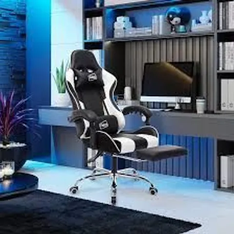 BOXED NEO LEATHER GAMING RACING CHAIR FOOTREST, HEADREST AND LUMBAR MASSAGE, HEIGHT ADJUSTABLE WITH SWIVEL SEAT FOR HOME/OFFICE - WHITE (1 BOX)