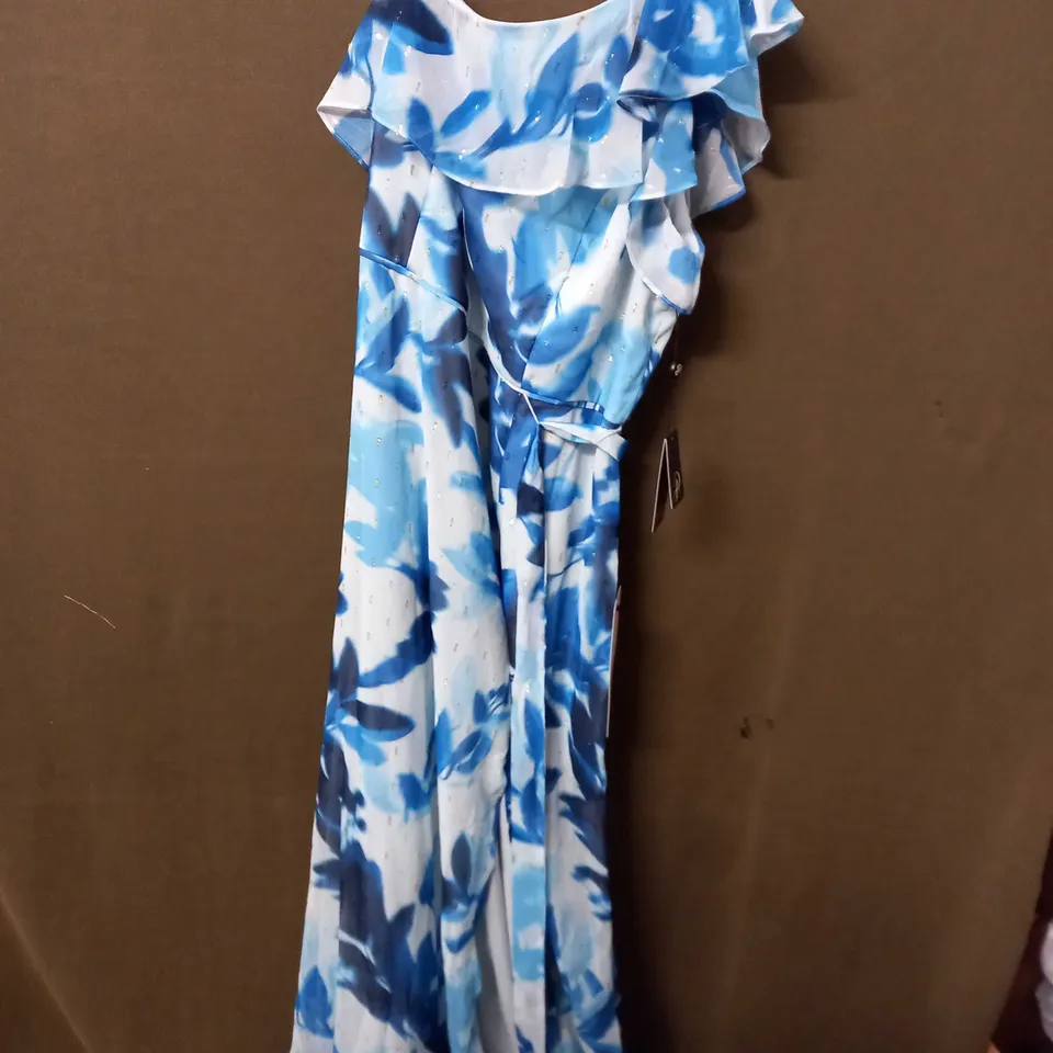 ARIANNA PAPELL PRINTED METALLIC CLIP DOT GOWN IN BLUE MULTI - SIZE 18