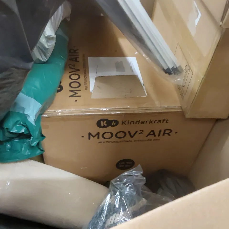 PALLET OF ASSORTED ITEMS INCLUDING: KINDERKRAFT MOOV 2 AIR 3-IN-1 STROLLER, MIDEA MOBILE AIR CONDITIONER, BABY PLAYPEN, RETRACTABLE SAFETY GATE, BED RAIL GUARD ECT