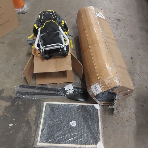 PALLET OF ASSORTED ITEMS INCLUDING: MATTRESS/TOPPER (UNSPECIFIED), BABY BACKPACK, KAYAK PADDLE, PICTURE FRAMES ECT