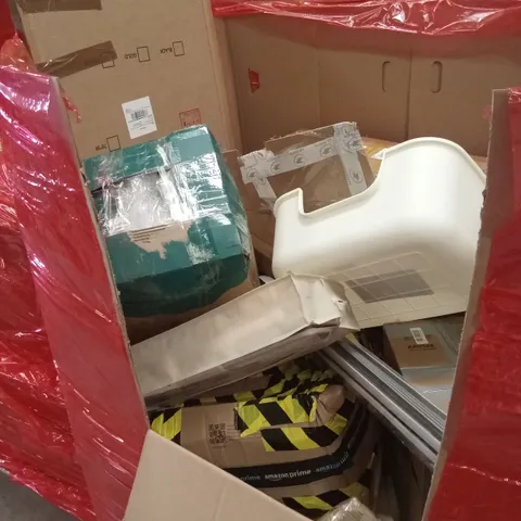 PALLET OF ASSORTED HOUSEHOLD GOODS AND PRODUCTS TO INCLUDE; AIR FAN, MIRROR, BOXED FURNITURE ETC