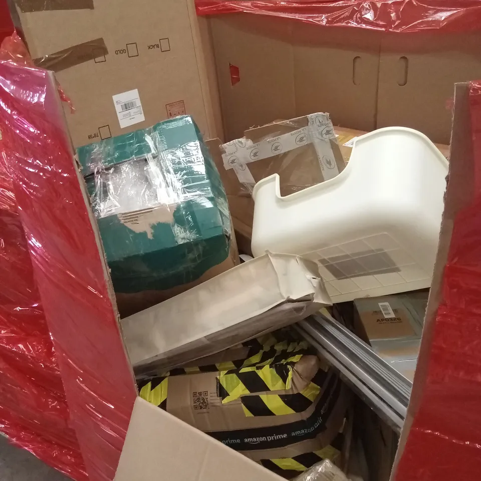 PALLET OF ASSORTED HOUSEHOLD GOODS AND PRODUCTS TO INCLUDE; AIR FAN, MIRROR, BOXED FURNITURE ETC