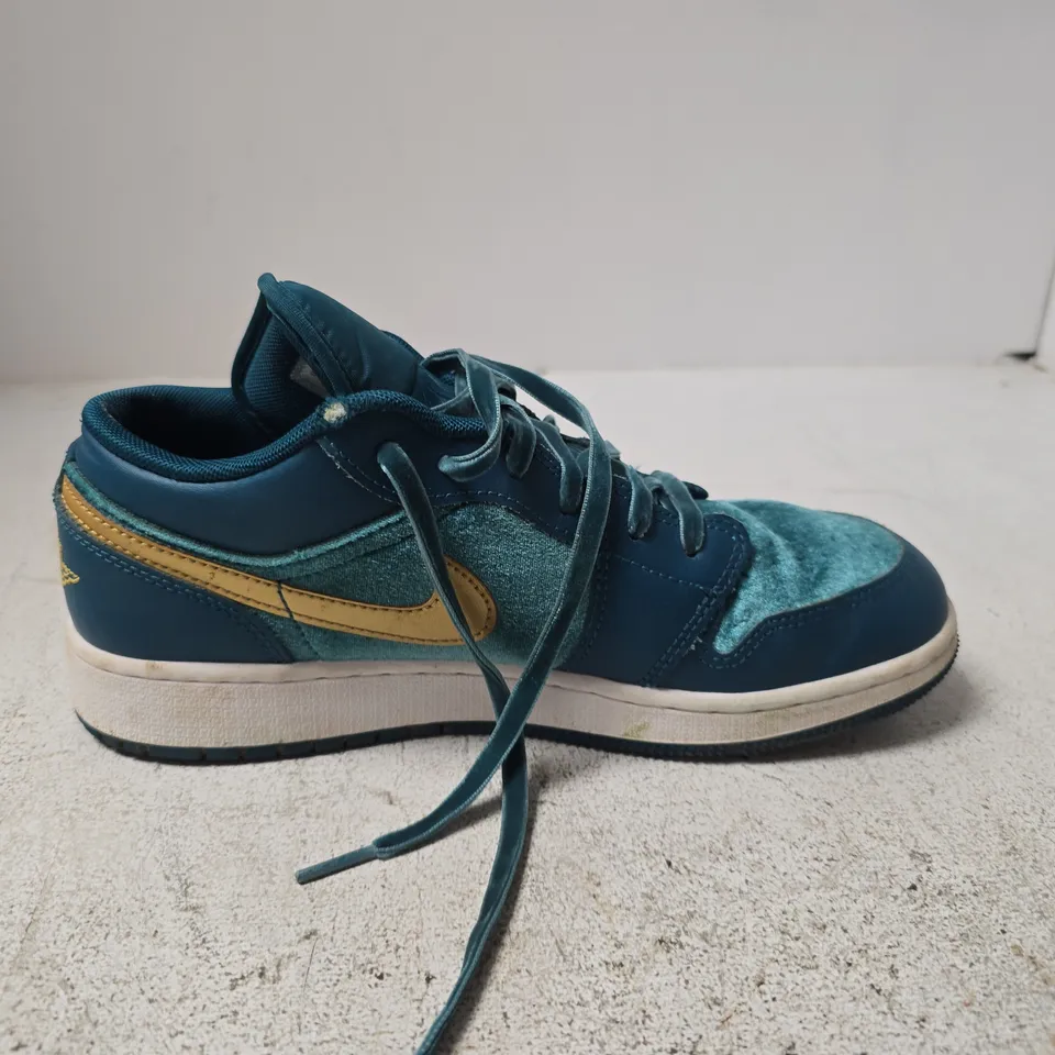 NIKE AIR JORDAN LOW-TOP SNEAKERS, TEAL/BLUE WITH GOLD SWOOSH - UK 5.5