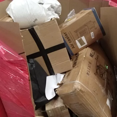 PALLET OF ASSORTED HOUSEHOLD GOODS & PRODUCTS TO INCLUDE; EXERCISE BIKE, AIR COOLER, BOXED FURNITURE ETC 