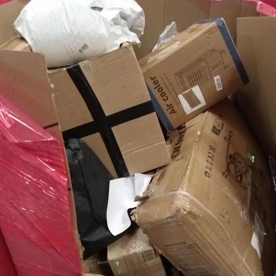 PALLET OF ASSORTED HOUSEHOLD GOODS & PRODUCTS TO INCLUDE; EXERCISE BIKE, AIR COOLER, BOXED FURNITURE ETC 