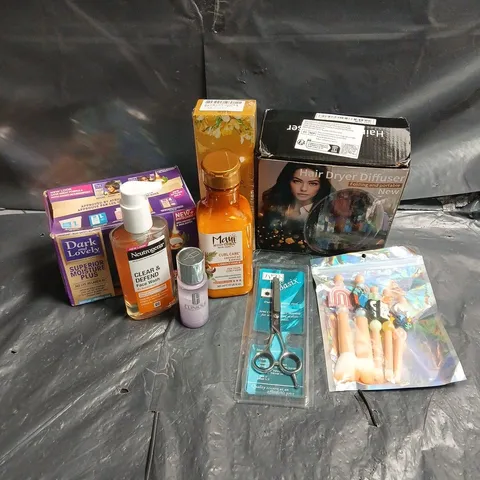 APPROXIMATEY 20 ASSORTED HEALTH AND BEAUTY PRODUCTS TO INCLUDE - CLINIQUE MAKEUP REMOVER - NEUTROGENA FACE WASH - HAIR DRYER DIFFUSER - ETC