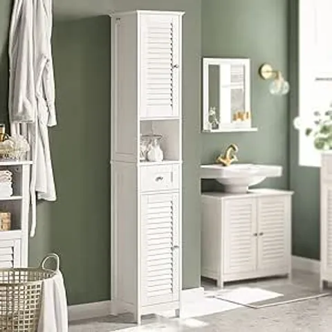 HAOTIAN WHITE FLOOR STANDING TALL BATHROOM STORAGE CABINET WITH SHELVES AND DRAWERS,LINEN TOWER BATH CABINET, CABINET WITH SHELF,FRG236-W