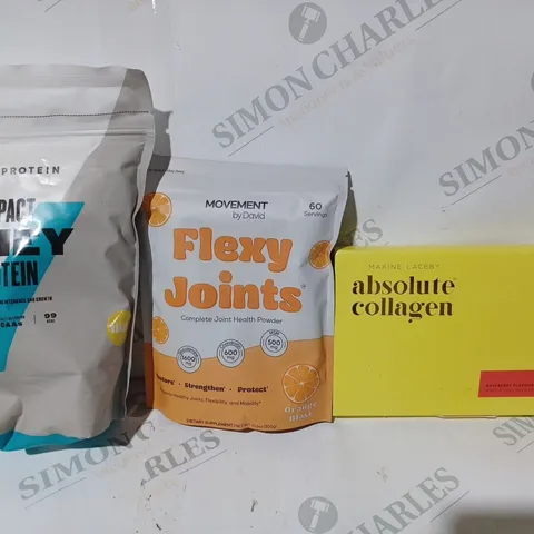 APPROXIMATELY 5 ASSORTED FOOD & DRINK ITEMS TO INCLUDE ABSOLUTE COLLAGEN, FLEXY JOINTS HEALTH POWDER, IMOACT WHEY PROTEIN, ETC