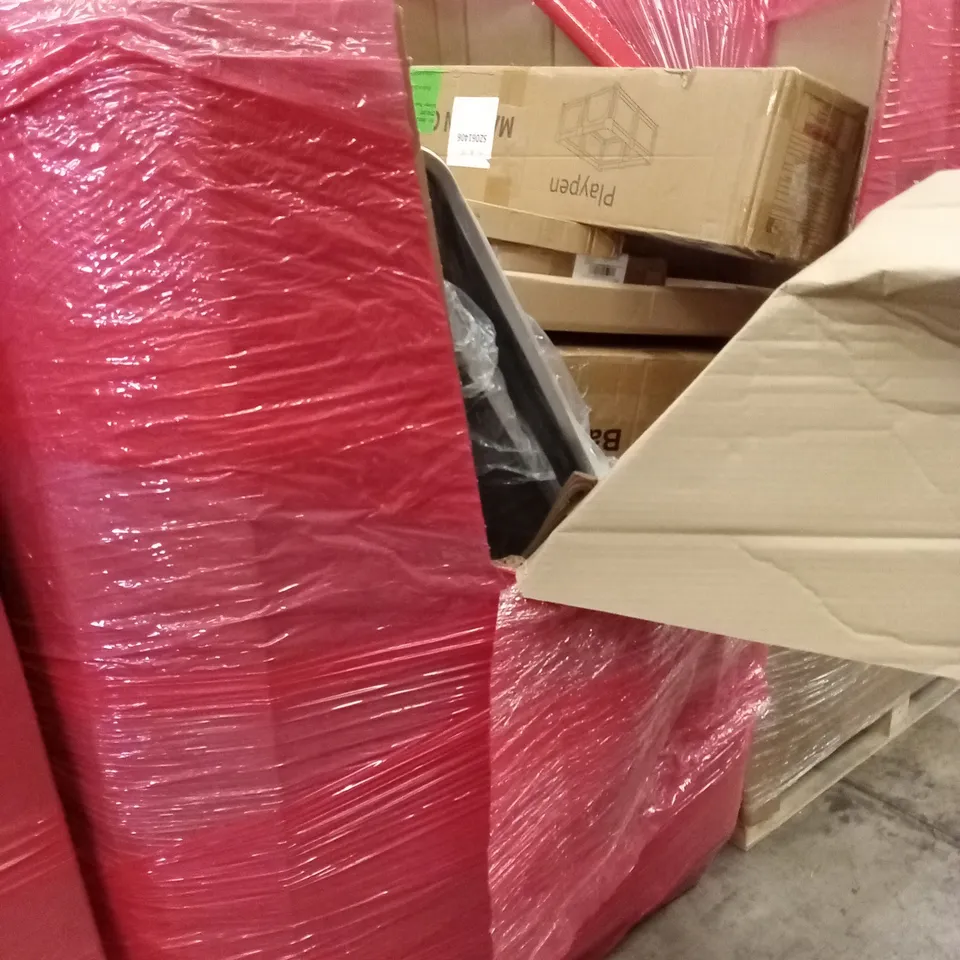 PALLET OF ASSORTED HOUSEHOLD GOODS AND PRODUCTS TO INCLUDE; BABY PLAYPENS, FRYING PAN, BABY CHANGING PAD, I-SIZE CAR BOOSTER SEAT ETC