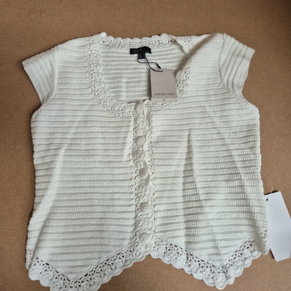 NOBODYS CHILD CROCHET TRIM CARDI IN WHITE - UK SMALL