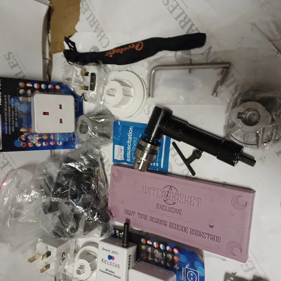 LOT OF ASSORTED GOOD TO INCLUDE KELSIUS WIRELESS TEMPERATURE SENSOR , EUROPEAN TRAVEL ADAPTORS , ETC