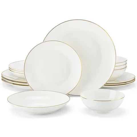 BOXED 16-PIECE WHITE BONE PORCELAIN DINNERWARE SET WITH GOLD TRIM, SERVICE FOR 4